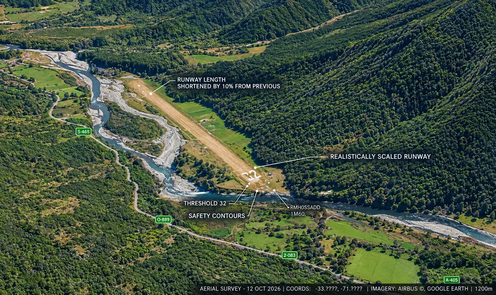 Vista aérea de la pista de aterrizaje proyectada junto al estero