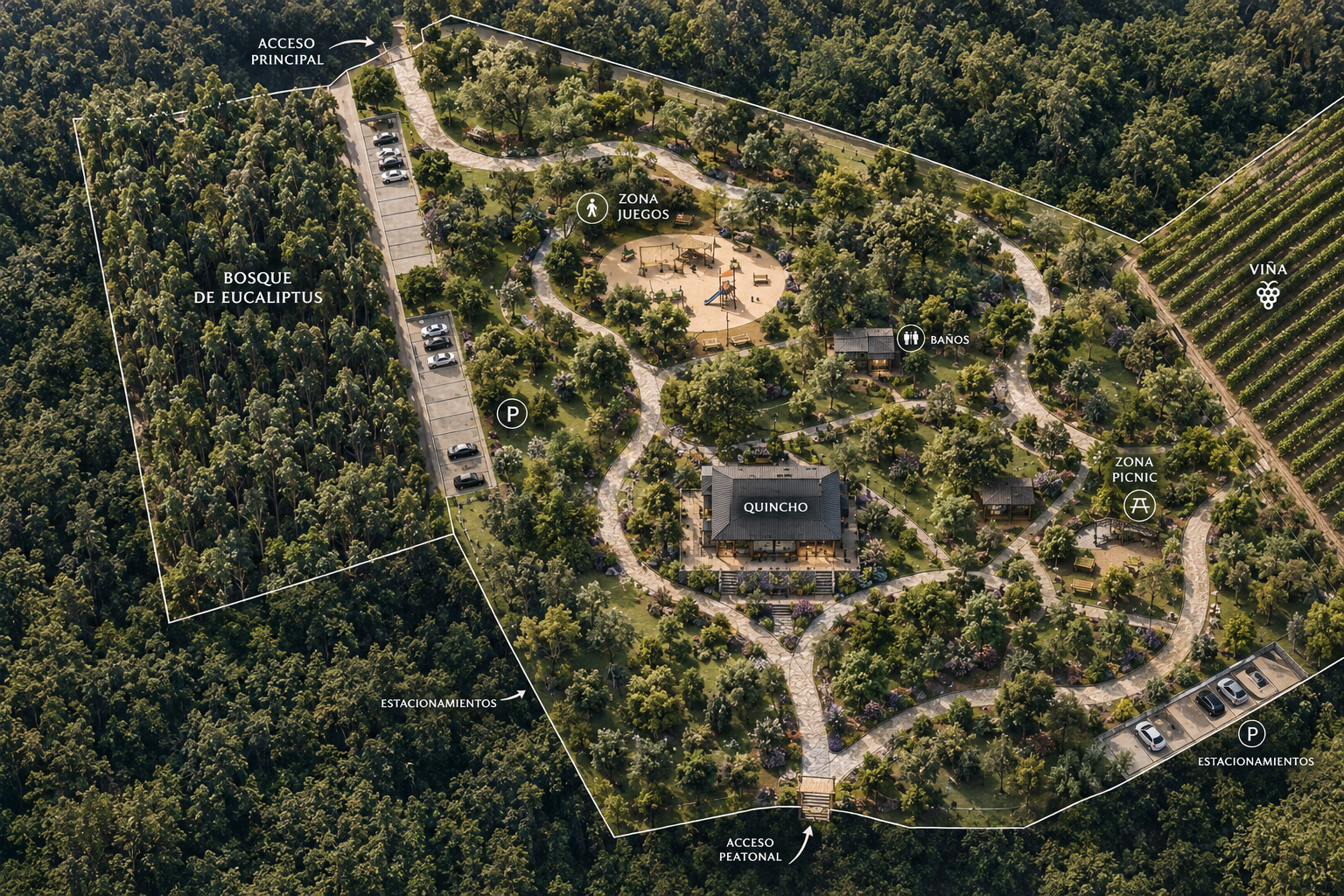 Plano del sector recreativo: quincho, zona de juegos infantiles, zona de picnic, baños, estacionamientos y senderos peatonales